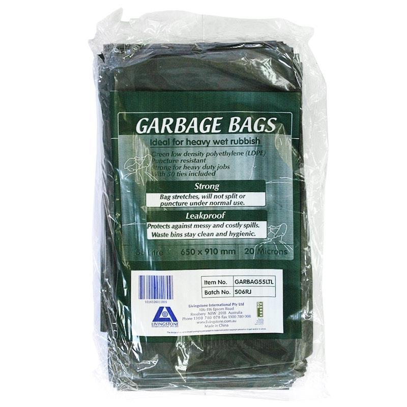 Livingstone Garbage Bag Bin Liner 55L Heavy Duty Green 50 Pieces/Pack