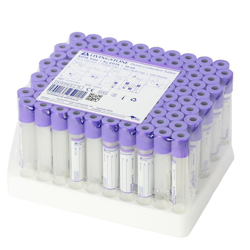 Livingstone Blood Collection Tube with K2 EDTA 10mL 16 x 100mm Purple Lavender 100 Pieces/Pack
