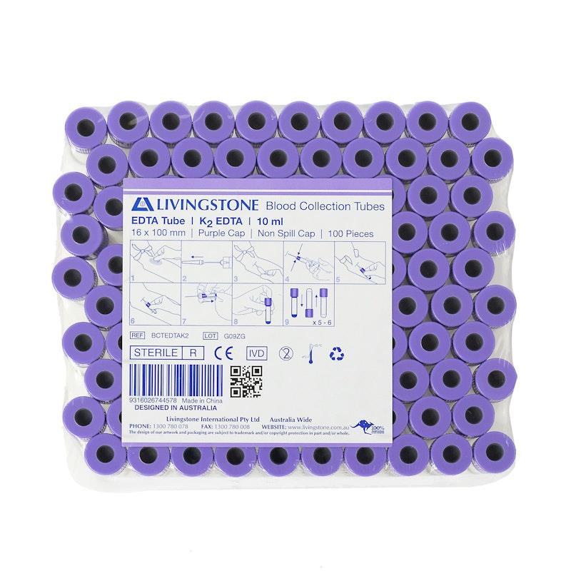 Livingstone Blood Collection Tube with K2 EDTA 10mL 16 x 100mm Purple Lavender 100 Pieces/Pack
