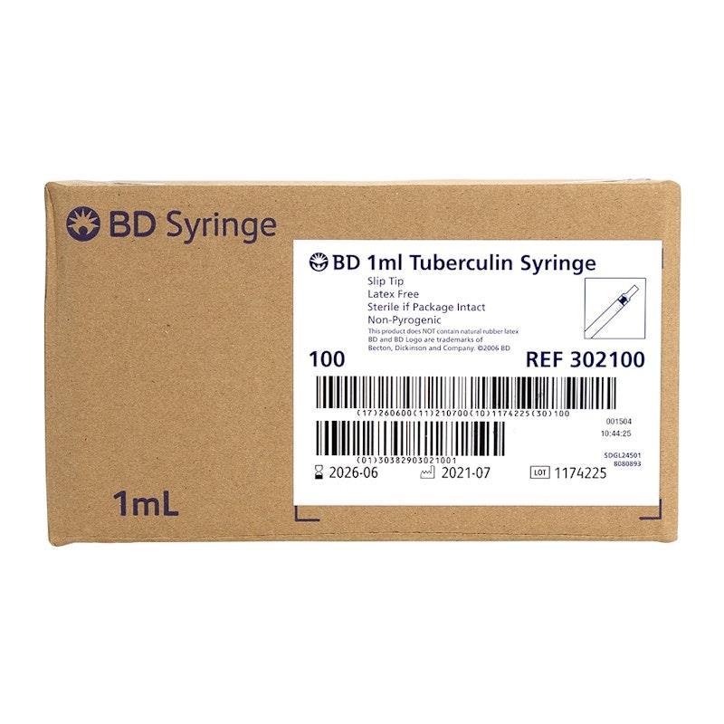 BD Syringe 1ml Luer Slip White Plunger Tuberculin Sterile 100 Pieces/Box