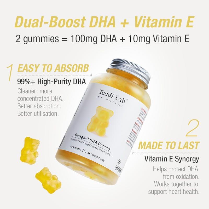 Teddi Lab by Unichi Omega-3 DHA Gummy x3 - Brain Memory & Eye Health, Vegan Algae Oil 3Bottles