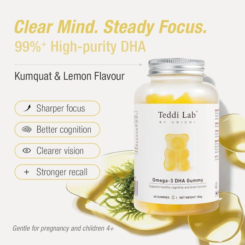 Teddi Lab by Unichi Omega-3 DHA Gummy x3 - Brain Memory & Eye Health, Vegan Algae Oil 3Bottles