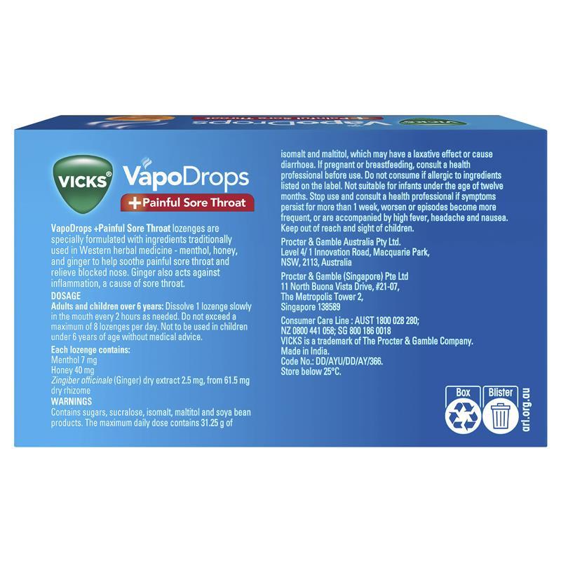 Vicks VapoDrops + Painful Sore Throat Honey 16 Lozenges