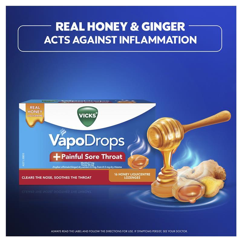 Vicks VapoDrops + Painful Sore Throat Honey 16 Lozenges