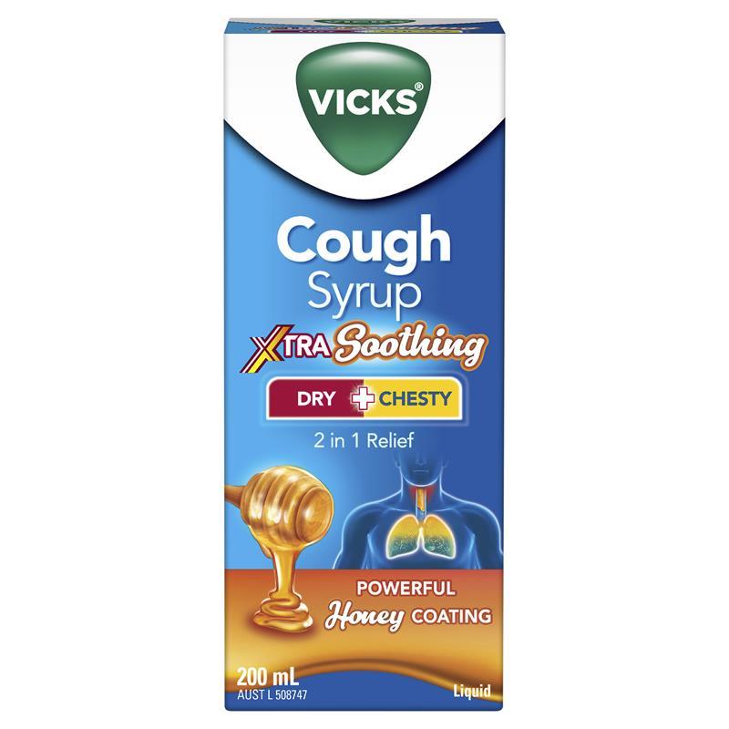 Vicks Cough Syrup Xtra Strong Dry + Chesty Honey Coating 200ml