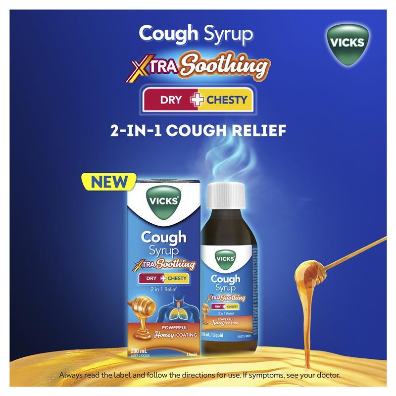 Vicks Cough Syrup Xtra Strong Dry + Chesty Honey Coating 200ml