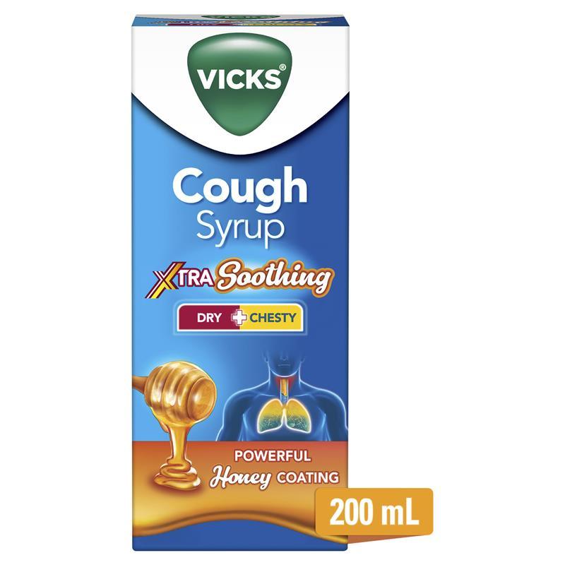 Vicks Cough Syrup Xtra Strong Dry + Chesty Honey Coating 200ml