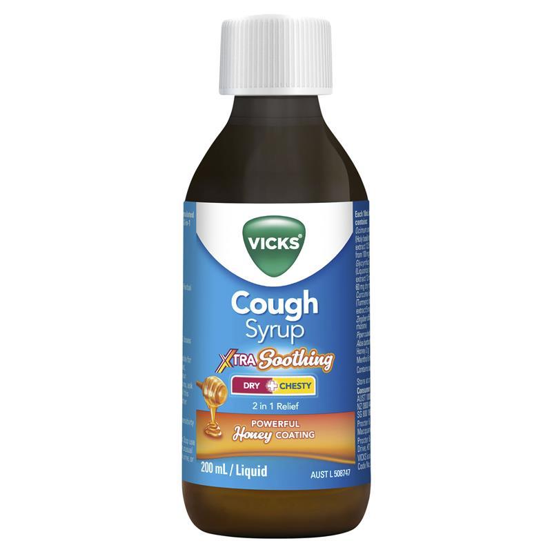 Vicks Cough Syrup Xtra Strong Dry + Chesty Honey Coating 200ml