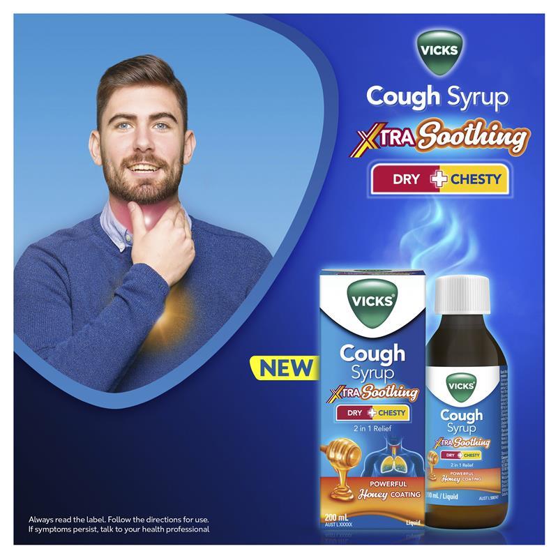 Vicks Cough Syrup Xtra Strong Dry + Chesty Honey Coating 200ml