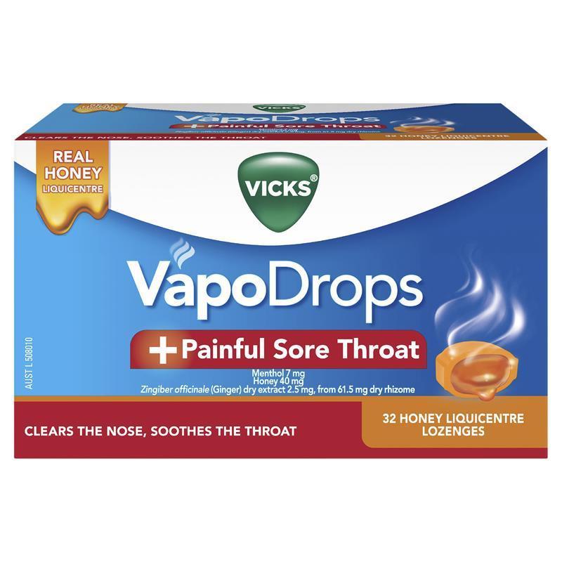 Vicks VapoDrops + Painful Sore Throat Honey 32 Lozenges