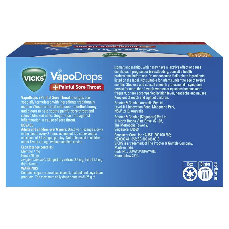 Vicks VapoDrops + Painful Sore Throat Honey 32 Lozenges