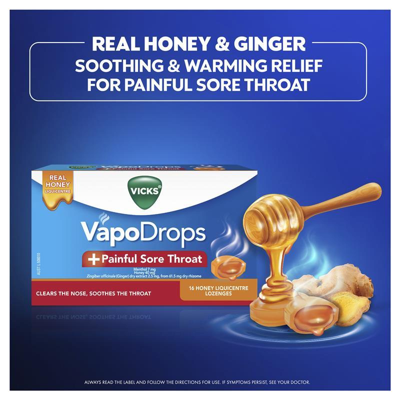 Vicks VapoDrops + Painful Sore Throat Honey 32 Lozenges