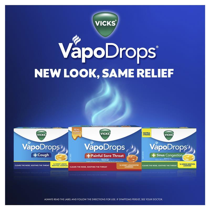 Vicks VapoDrops + Painful Sore Throat Honey 32 Lozenges