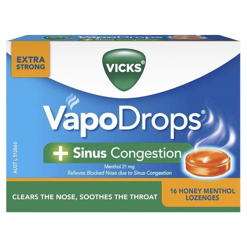 Vicks VapoDrops + Sinus Congestion Honey Menthol 16 Lozenges