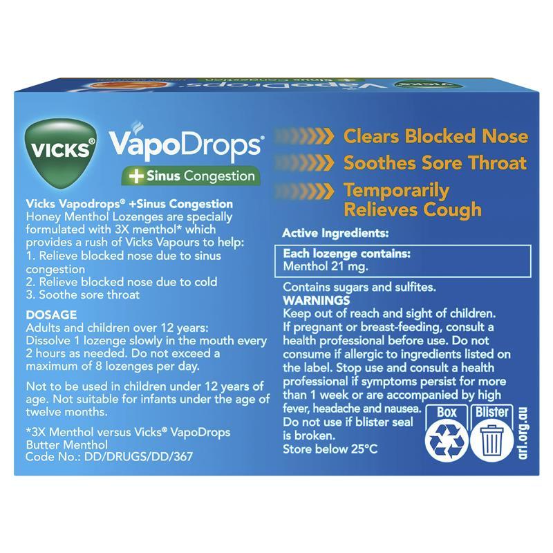 Vicks VapoDrops + Sinus Congestion Honey Menthol 16 Lozenges