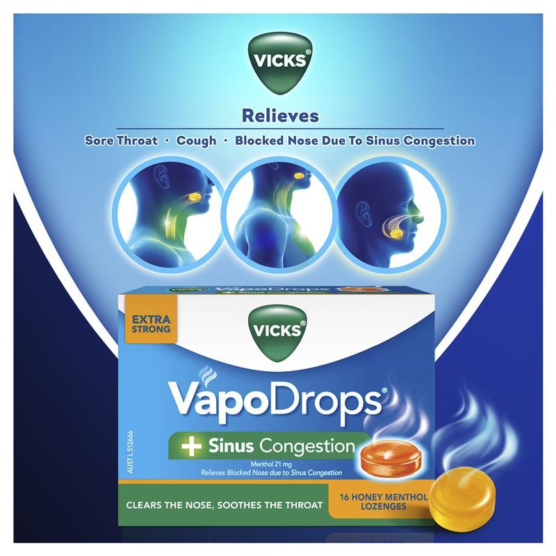 Vicks VapoDrops + Sinus Congestion Honey Menthol 16 Lozenges