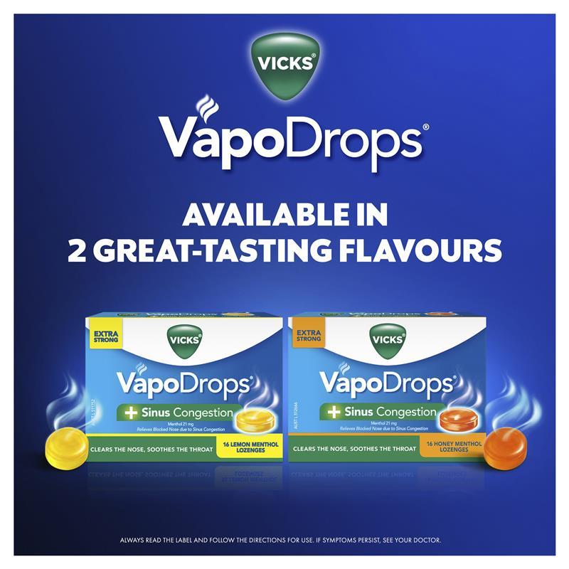 Vicks VapoDrops + Sinus Congestion Honey Menthol 16 Lozenges
