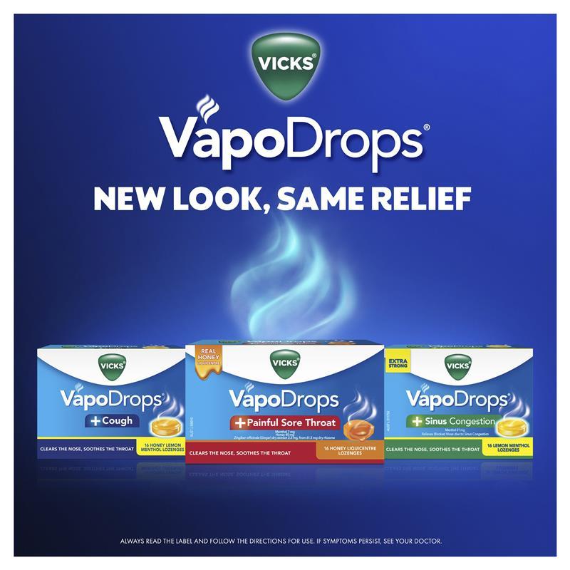 Vicks VapoDrops + Sinus Congestion Honey Menthol 16 Lozenges