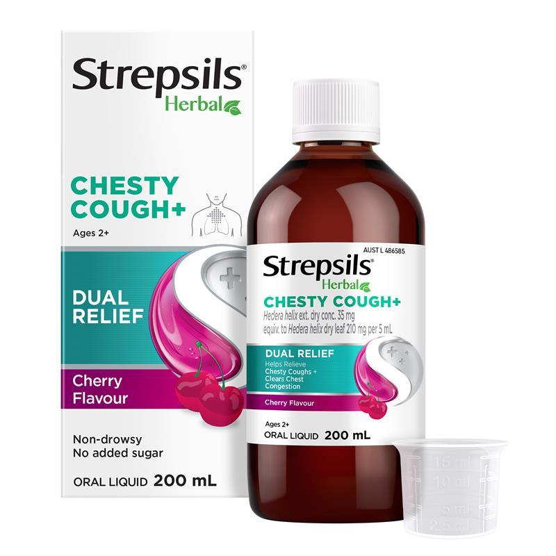 Strepsils Herbal Chesty Cough+ Liquid Cherry Flavour 200mL