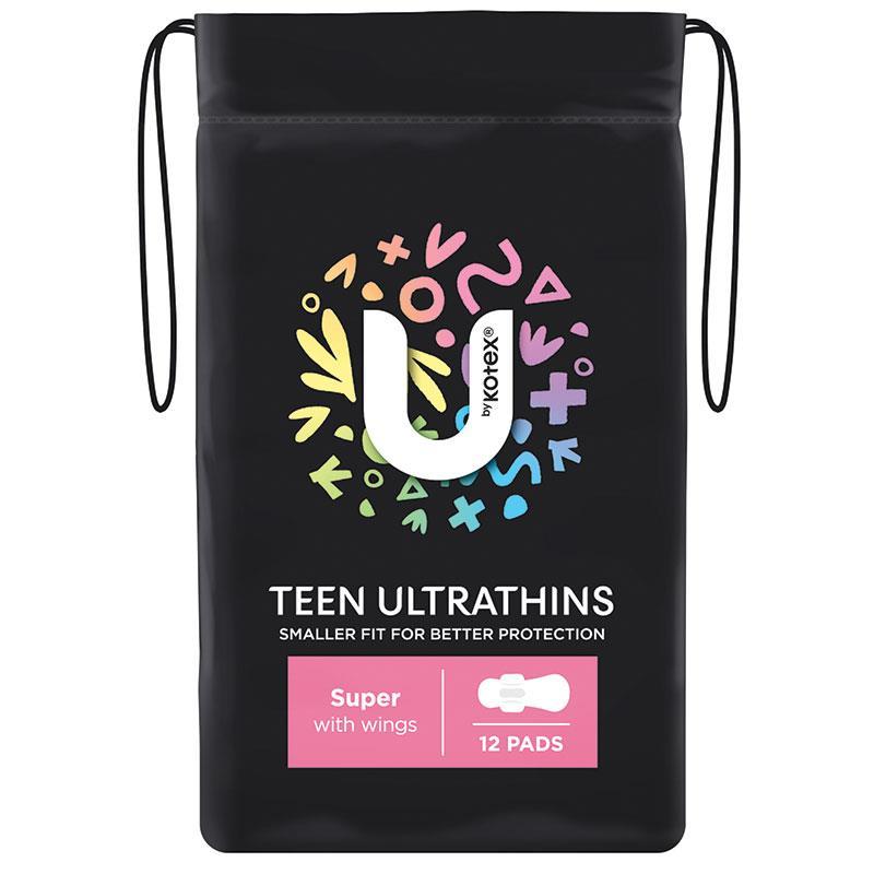 U by Kotex Teen Ultrathins Pads Super with Wings 12 Pack