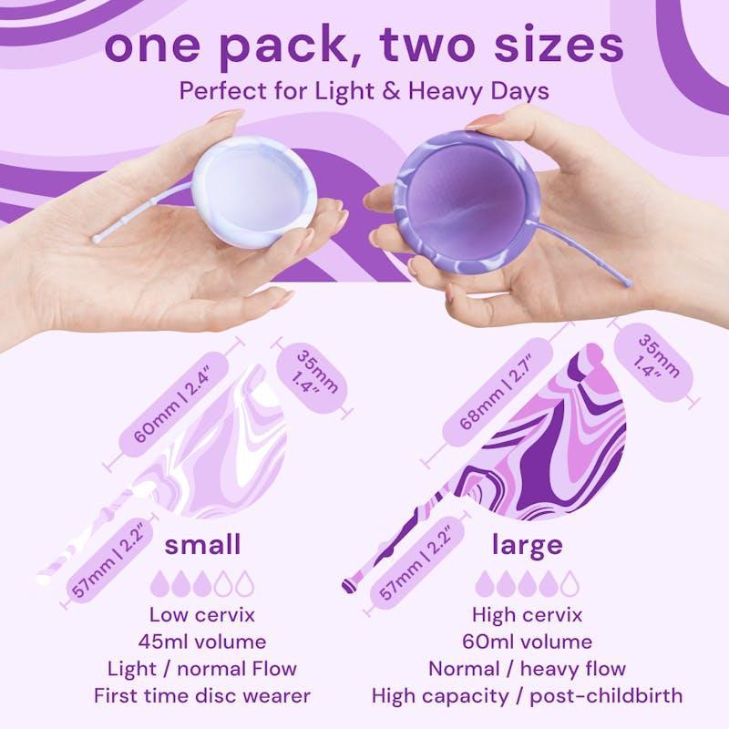 Bodyotics Menstrual Disc Set with Pull-Off String — Two Sizes S & L Purple & Lavender