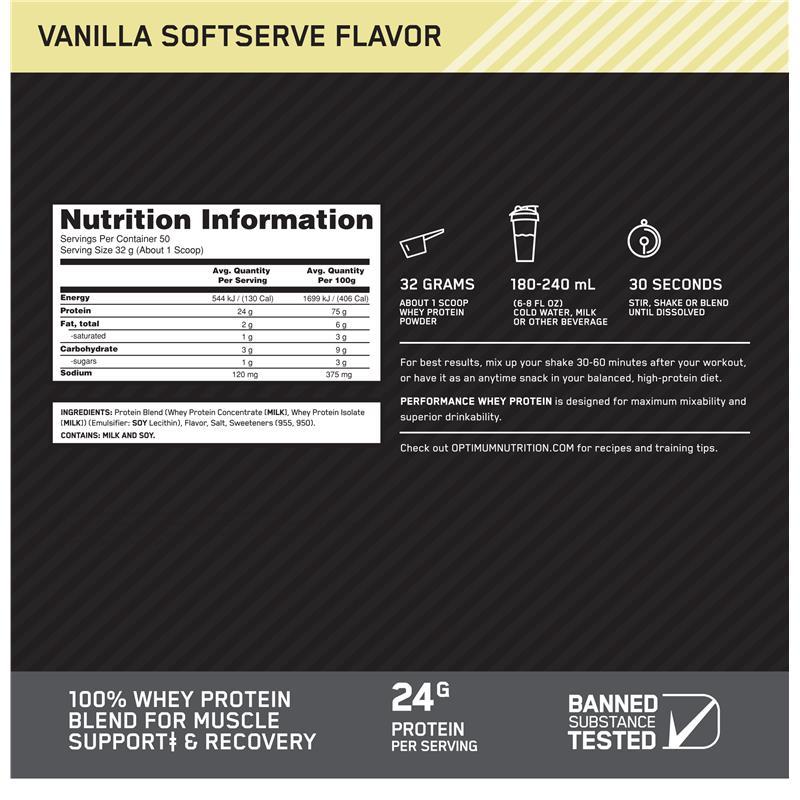 Optimum Nutrition Performance Whey Protein Vanilla 50 Serves 1.6kg