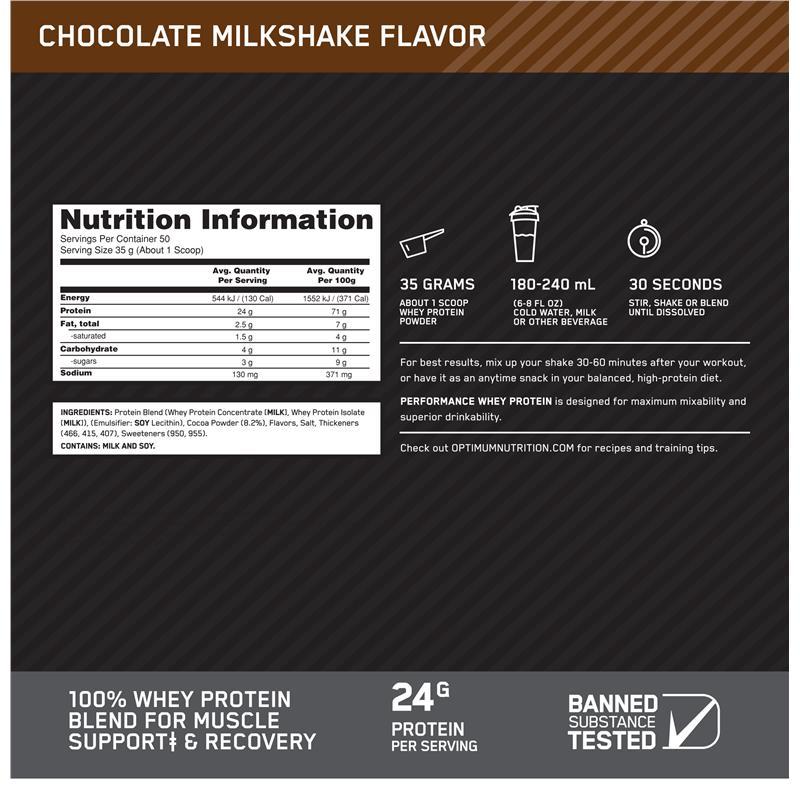 Optimum Nutrition Performance Whey Protein Chocolate 50 Serves 1.75kg