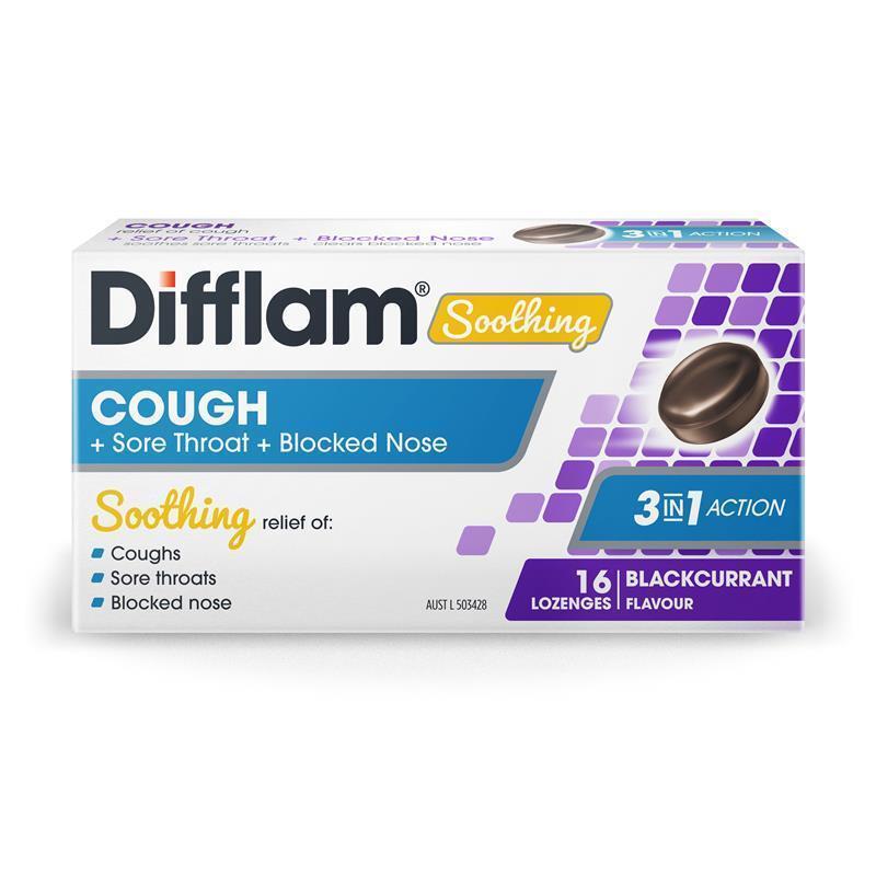 Difflam Soothing Cough + Sore Throat + Blocked Nose Blackcurrant 16 Lozenges