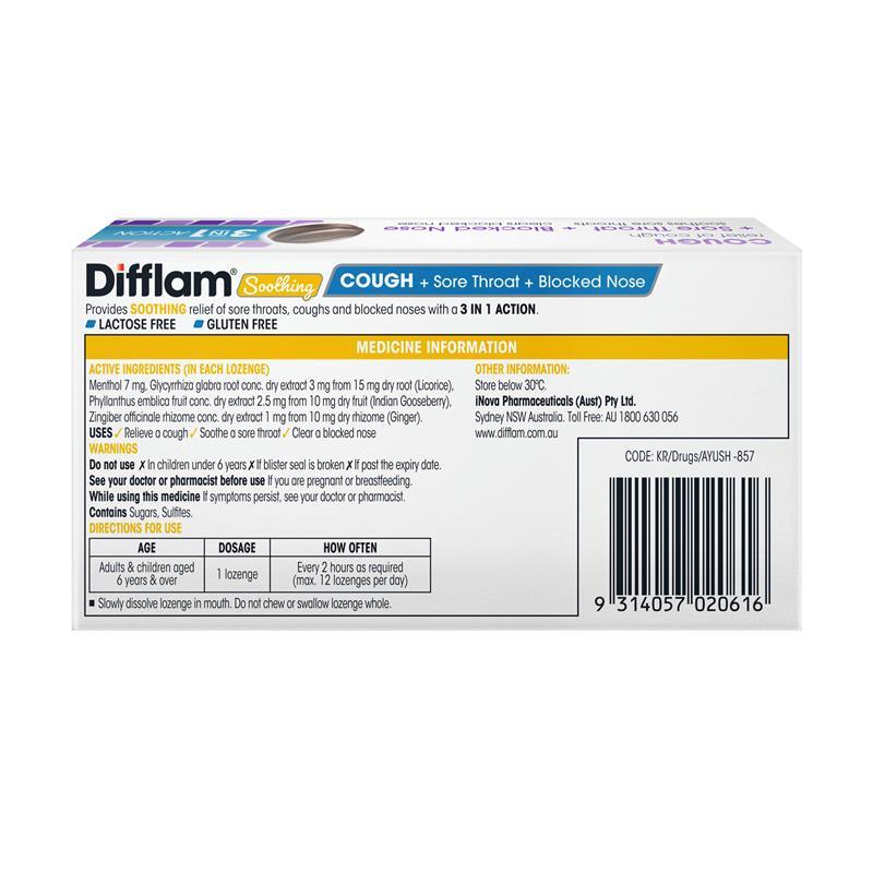 Difflam Soothing Cough + Sore Throat + Blocked Nose Blackcurrant 16 Lozenges