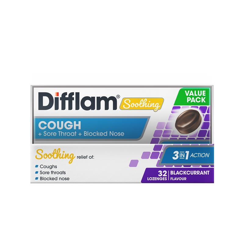 Difflam Soothing Cough + Sore Throat + Blocked Nose Blackcurrant 32 Lozenges