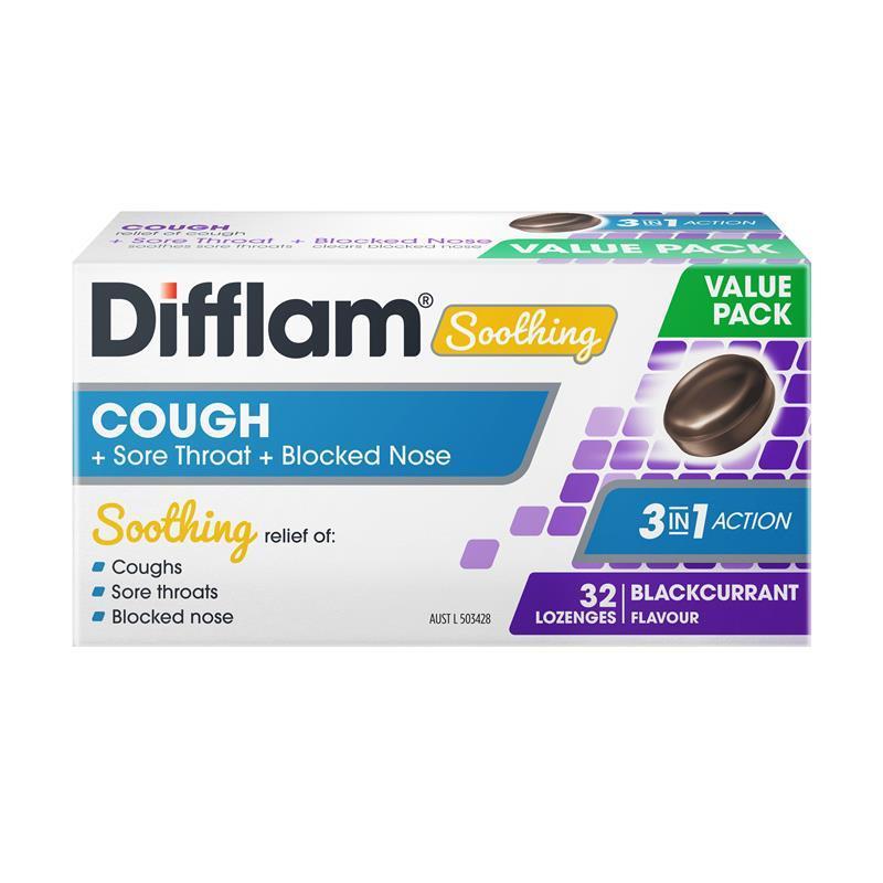 Difflam Soothing Cough + Sore Throat + Blocked Nose Blackcurrant 32 Lozenges
