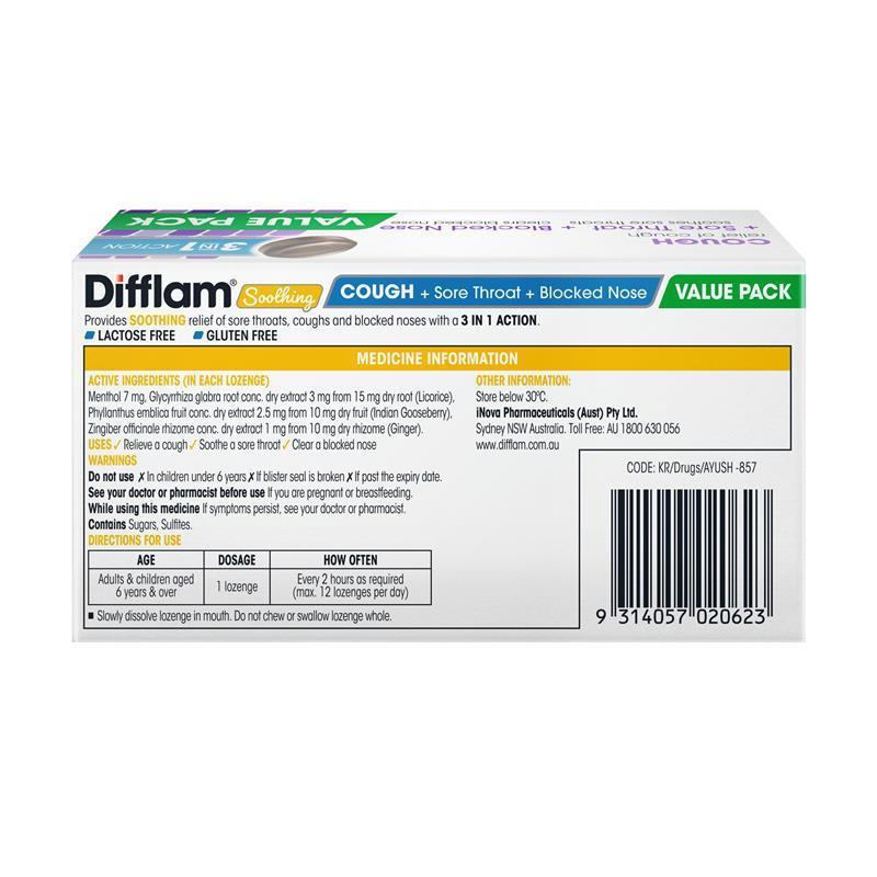 Difflam Soothing Cough + Sore Throat + Blocked Nose Blackcurrant 32 Lozenges
