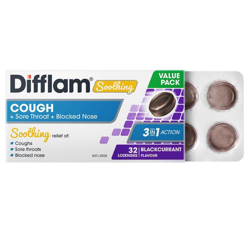Difflam Soothing Cough + Sore Throat + Blocked Nose Blackcurrant 32 Lozenges