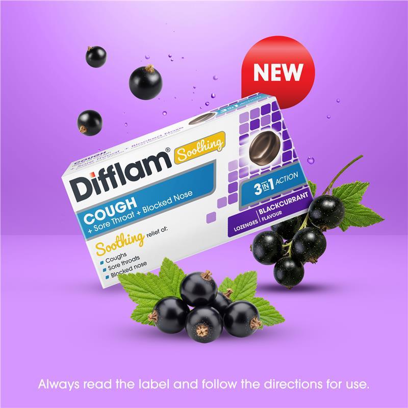 Difflam Soothing Cough + Sore Throat + Blocked Nose Blackcurrant 32 Lozenges
