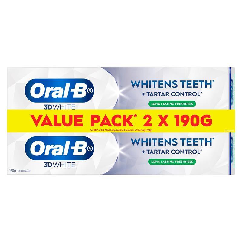 Oral B Toothpaste 3D White Whitens Teeth Long Lasting Freshness 2 x 190g  Value Pack