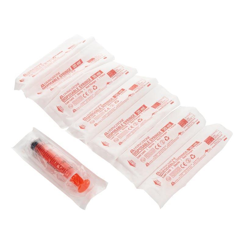 Livingstone Syringe Luer Lock Tip Red Plunger With 5mL Graduations Sterile 20mL 100 Pieces/Box