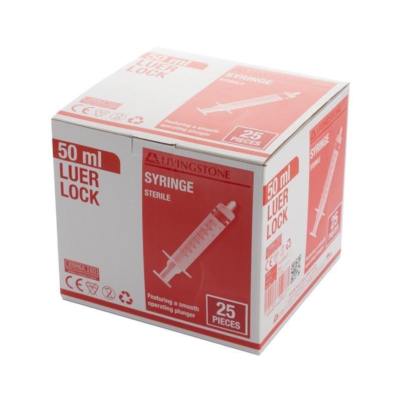 Livingstone Syringe Luer Lock Tip Red Plunger Sterile 50mL 25 Pieces/Box