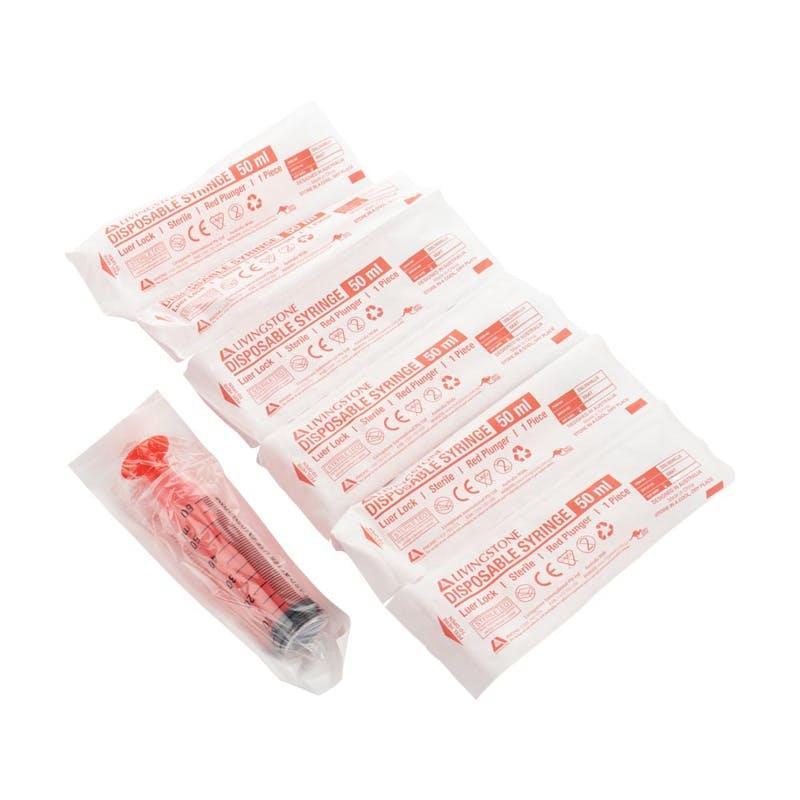 Livingstone Syringe Luer Lock Tip Red Plunger Sterile 50mL 25 Pieces/Box