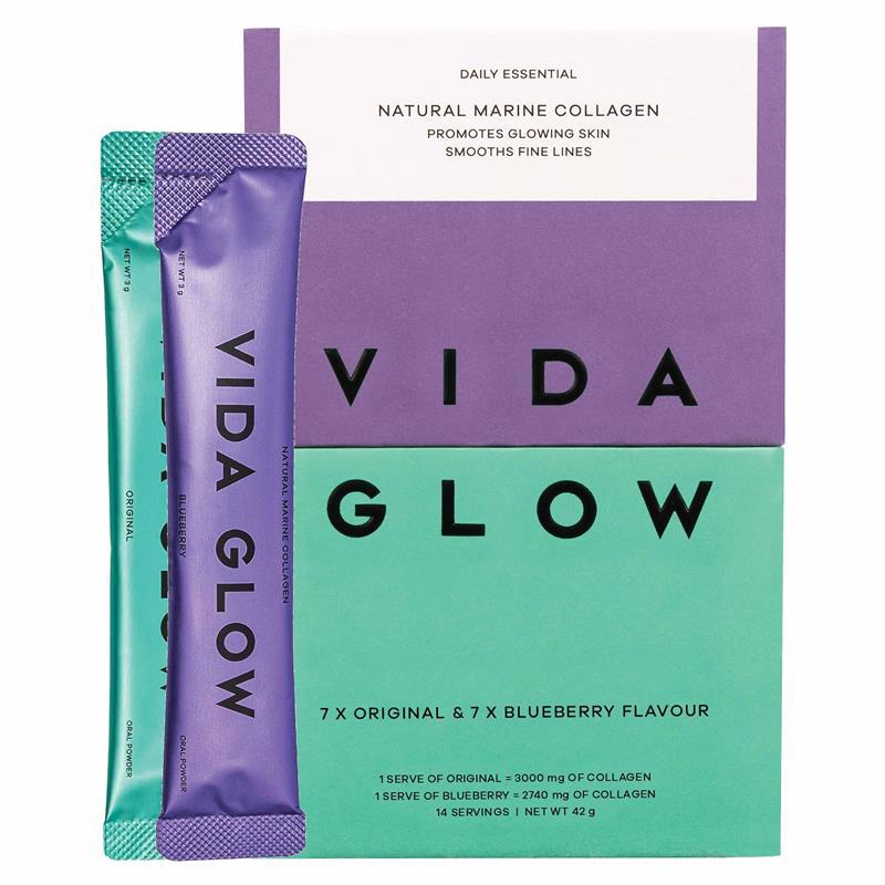Vida Glow Natural Marine Collagen  Original & Blueberry 14 Day Trial Pack