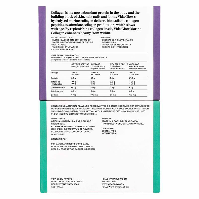 Vida Glow Natural Marine Collagen  Original & Blueberry 14 Day Trial Pack