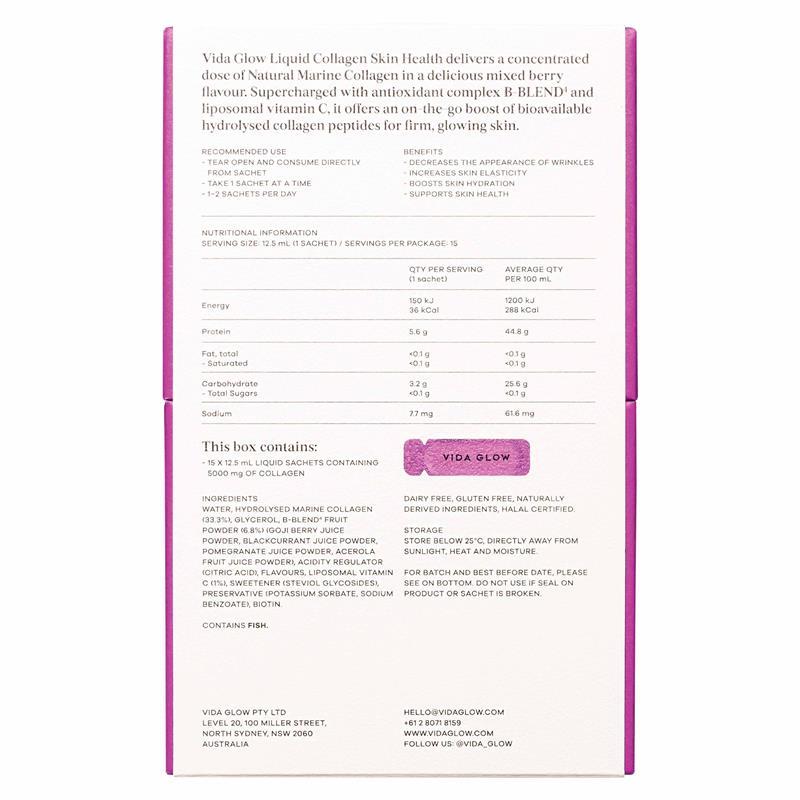 Vida Glow Liquid Collagen Skin Health Mixed Berry 15x12.5ml Liquid Sachets