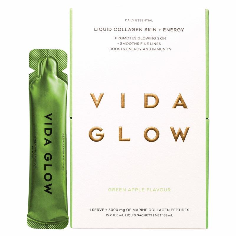Vida Glow Liquid Collagen Skin + Energy Green Apple 15x12.5ml Liquid Sachets