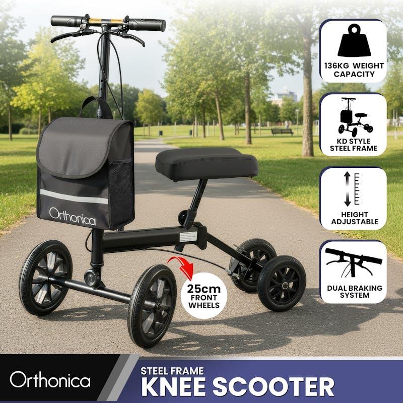 Orthonica Knee Walker with Adjustable Pad and Dual Brakes Black