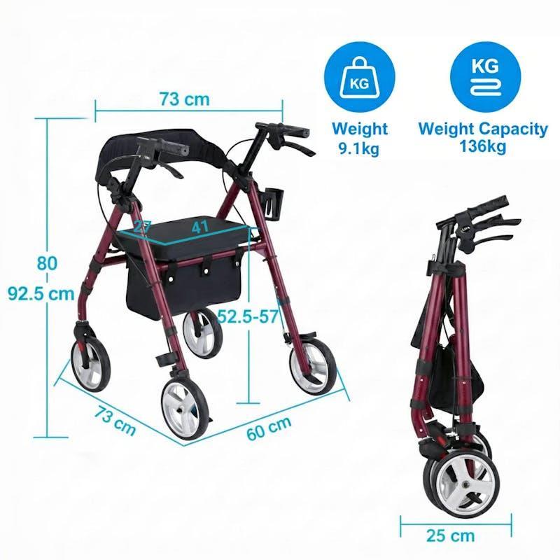 Altus Heavy Duty Classic 4 Wheel Foldable Rollator with Seat Cherry Red