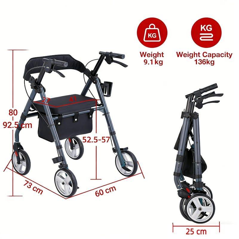 Altus Heavy Duty Classic 4 Wheel Foldable Rollator with Seat Midnight Blue
