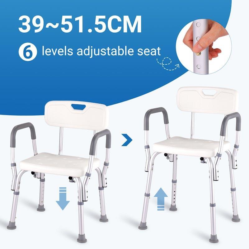 Altus Bathroom Shower Chair with Back Rest and Arm Aluminium Adjustable White