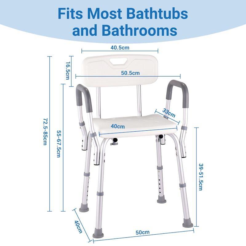 Altus Bathroom Shower Chair with Back Rest and Arm Aluminium Adjustable White