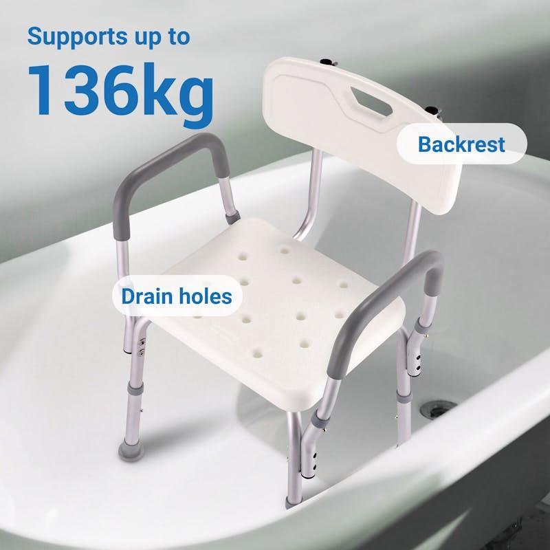 Altus Bathroom Shower Chair with Back Rest and Arm Aluminium Adjustable White
