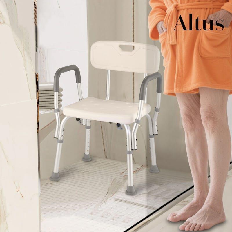 Altus Bathroom Shower Chair with Back Rest and Arm Aluminium Adjustable White