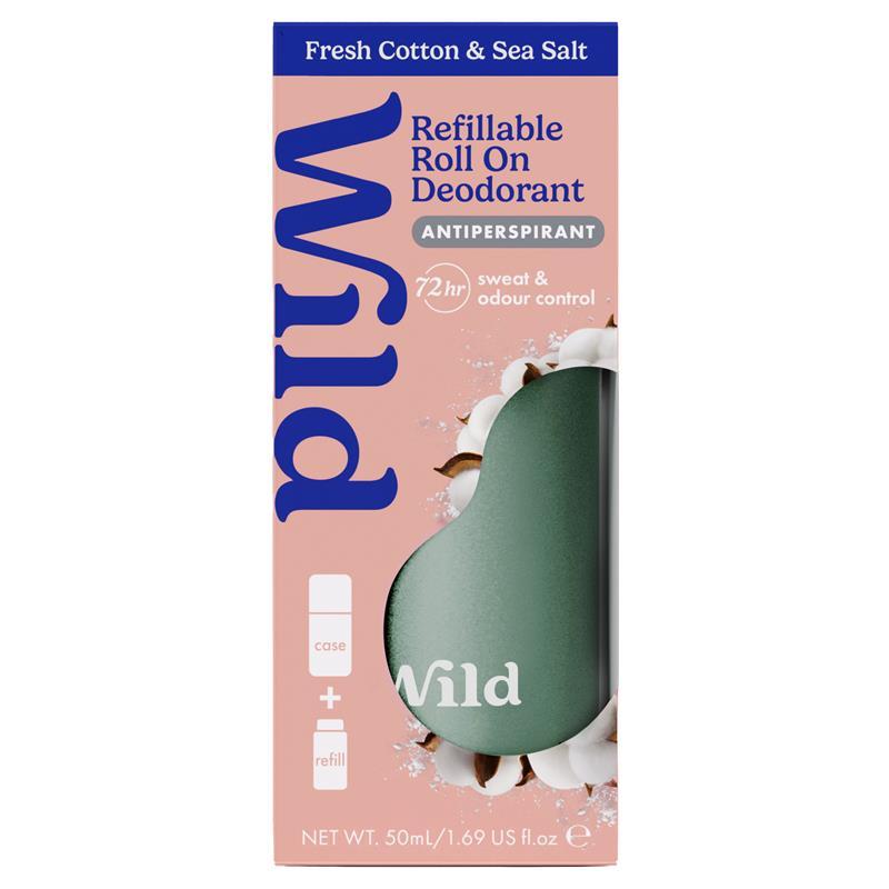 Wild Deodorant Antiperspirant Roll On Aqua Case Fresh Cotton & Sea Salt 50ml